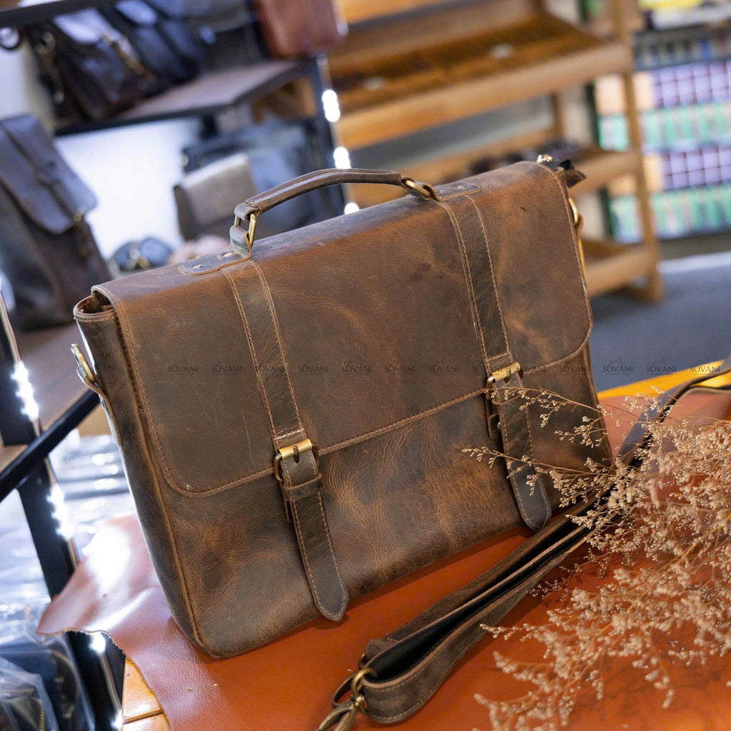 Cặp Da Công Sở Da Bò Sáp Handmade Cao Cấp Đựng Laptop TUDA SBM418