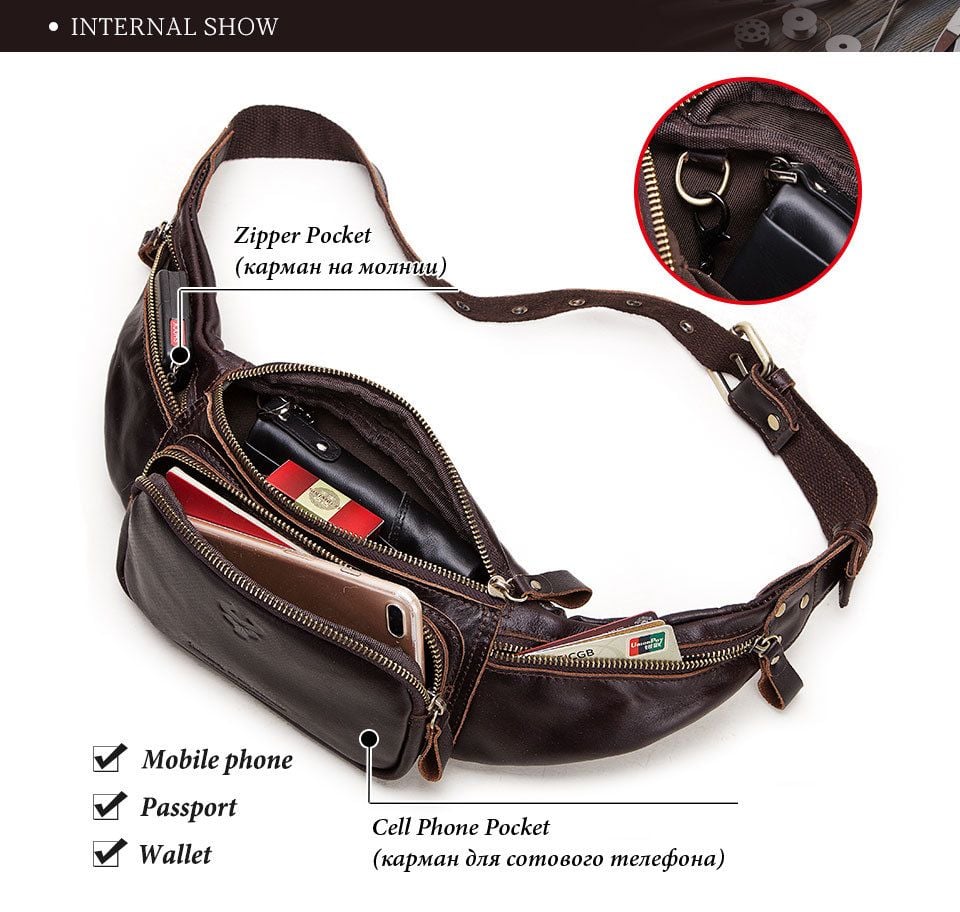 Túi Da Bò Thật Mini Đeo Chéo Ngực Và Thắt Lưng SBM213